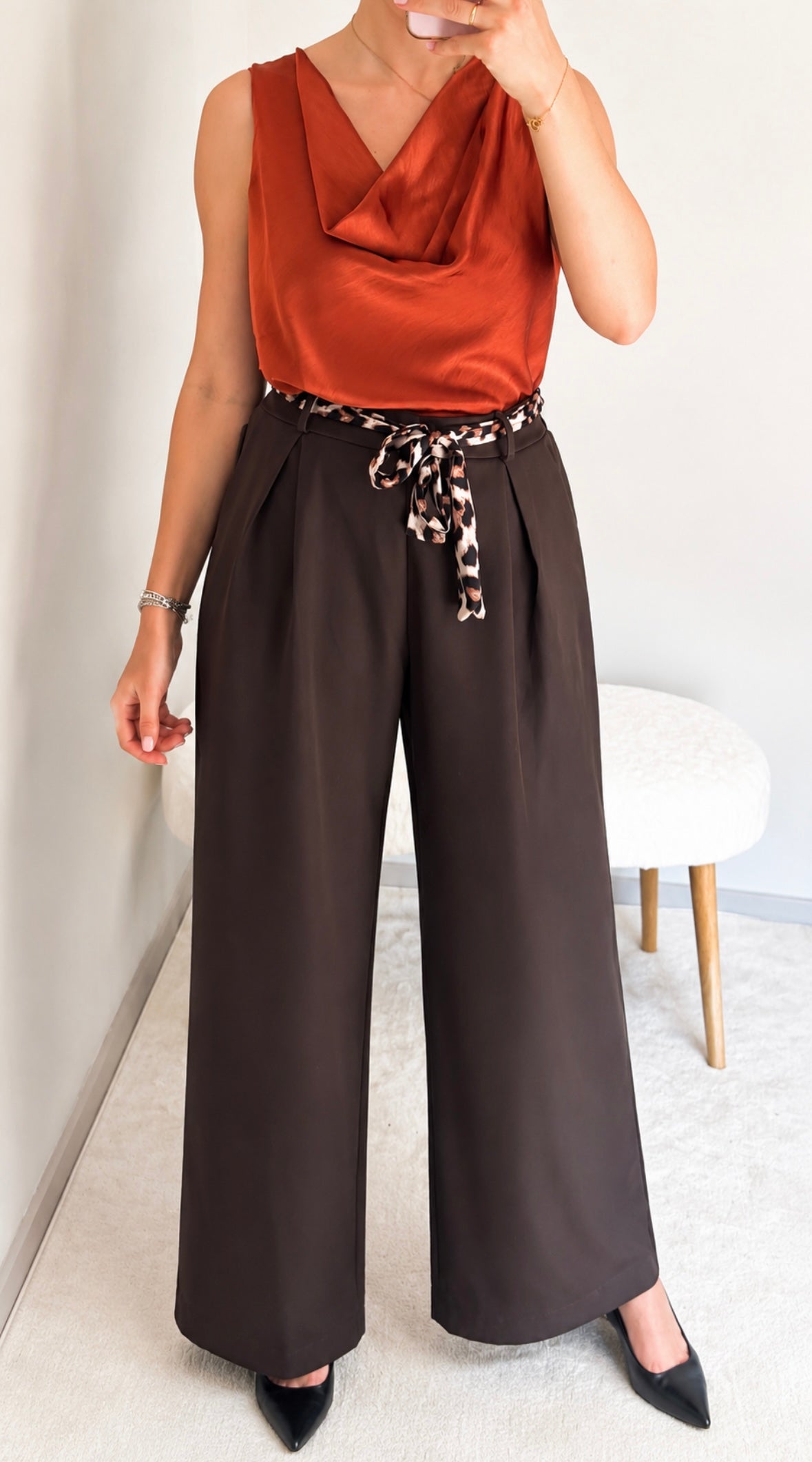 Pantalon choco ceinture léop
