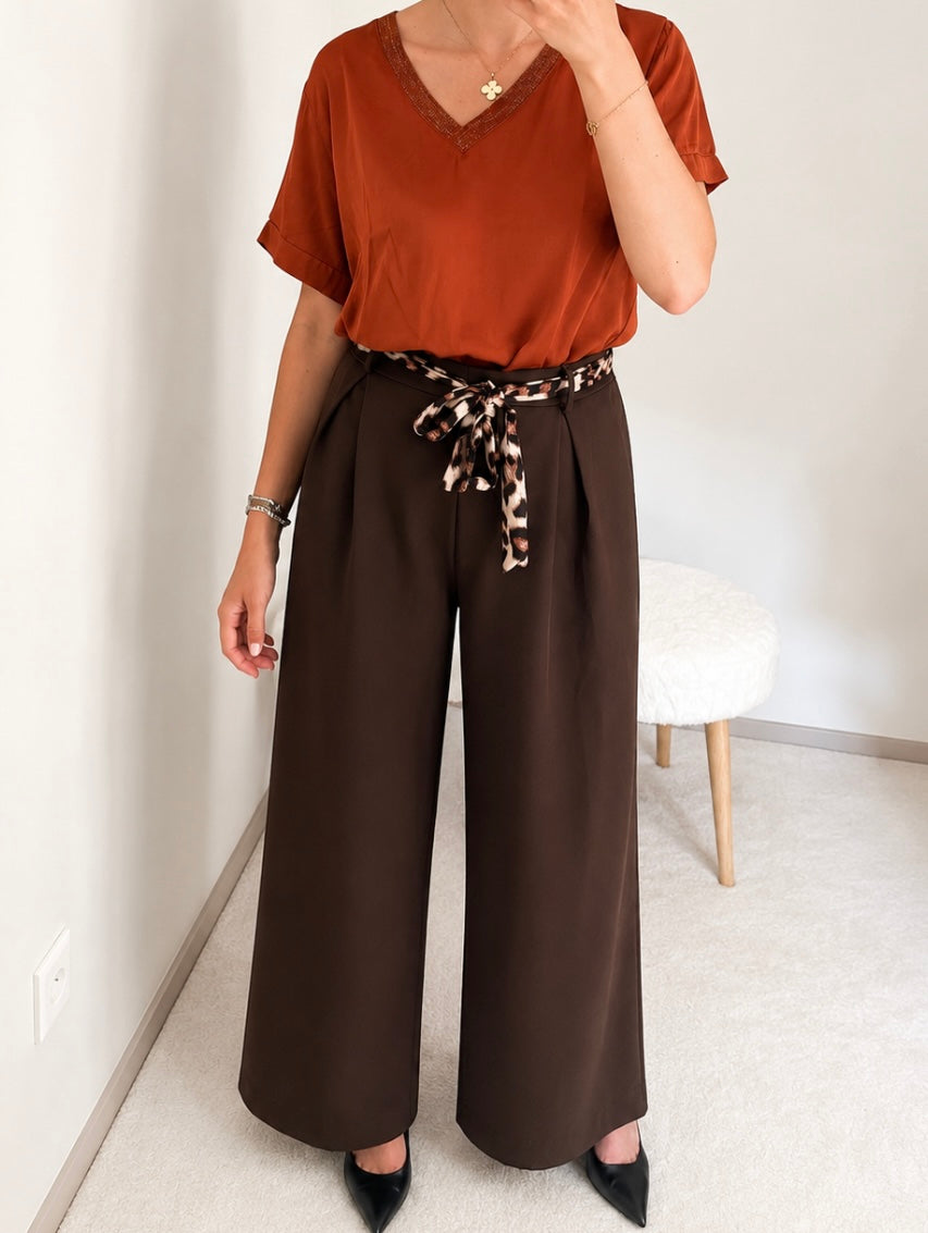 Pantalon choco ceinture léop